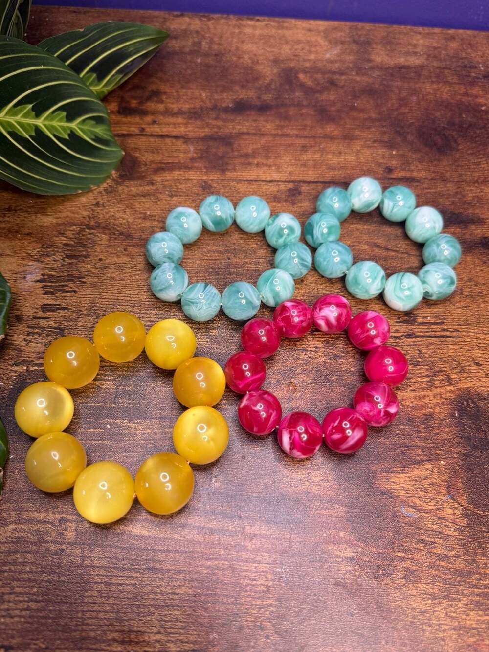 Chunky Marbled Resin Stretch Bracelet Set of 4 Yellow Pink Mint